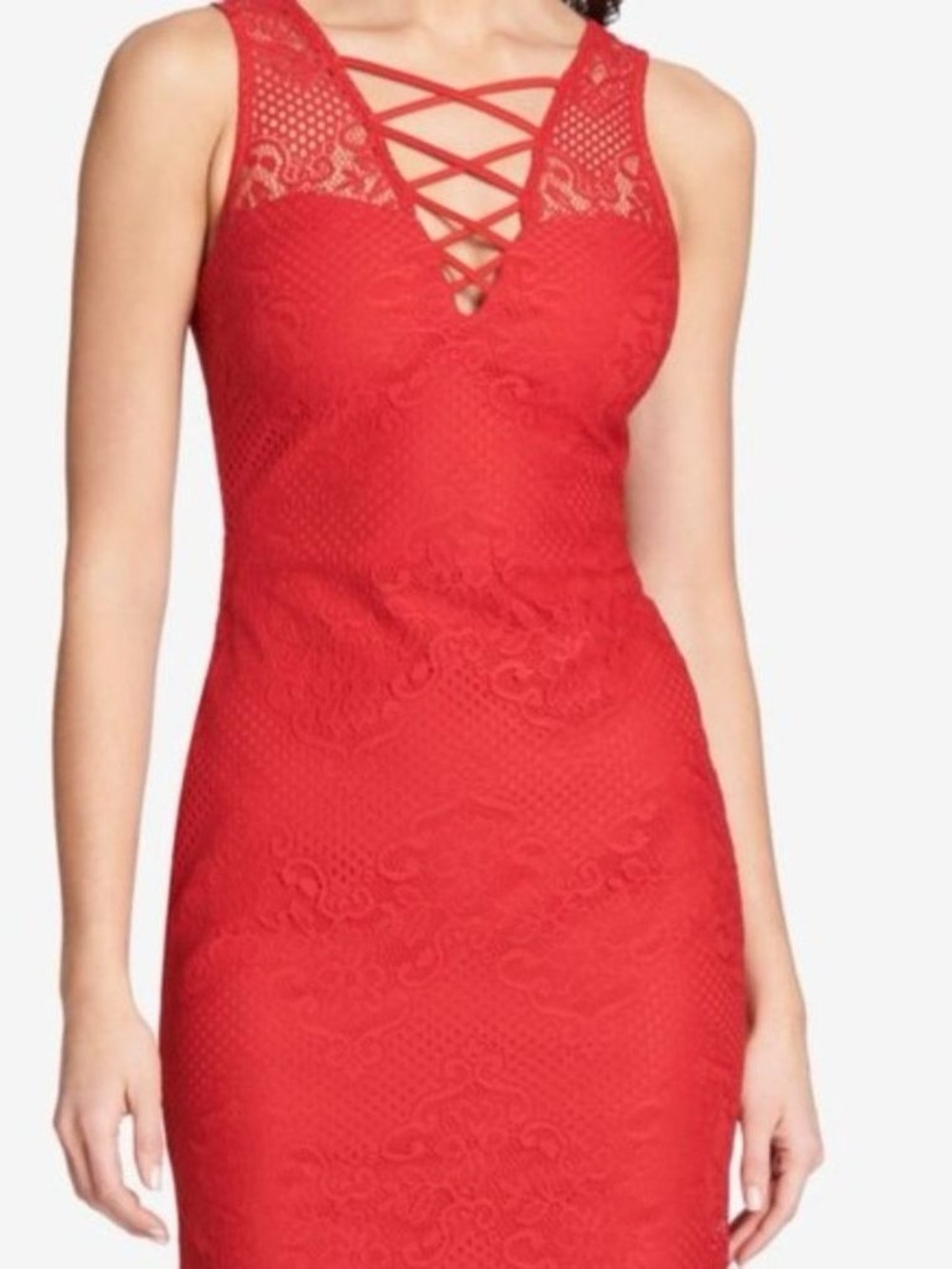 Guess Red Lace-Front Crisscross Mini Dress